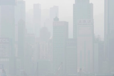 hazy Hong Kong skyline, one building after another