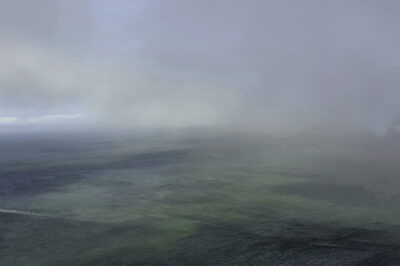 the wake of a boat, fog, and the San Francisco Bay
