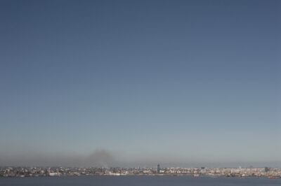 the Montevideo skyline from a distance, Uruguay, white buildings, clear blue skies