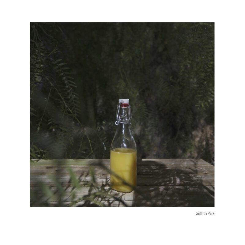 orange juice in a glass bottle on a wooden table, leafy background