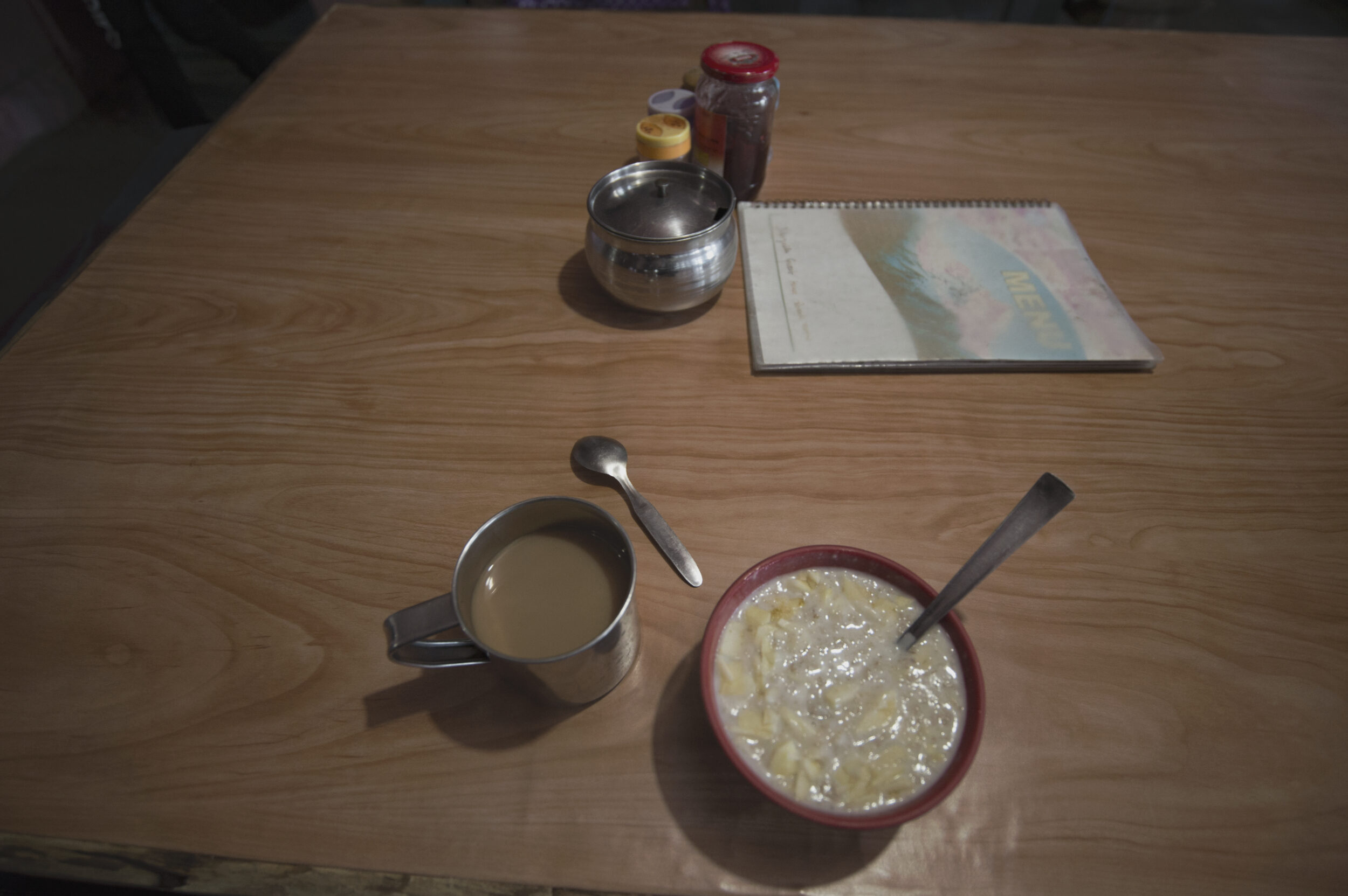breakfast at a lodge, oatmeal, and coffee