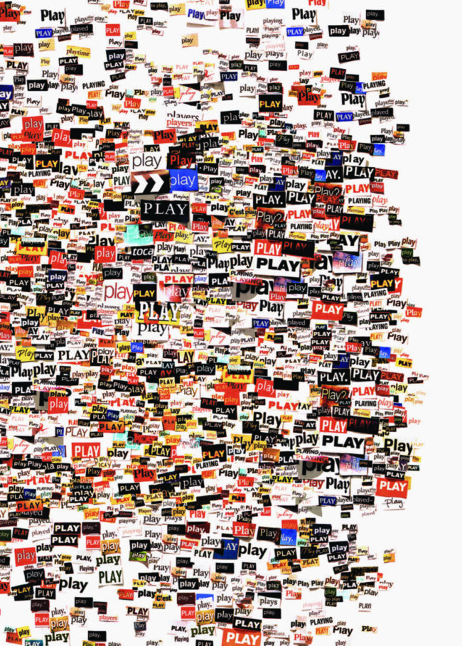Play cover, magazine cut out collage of the word "play"